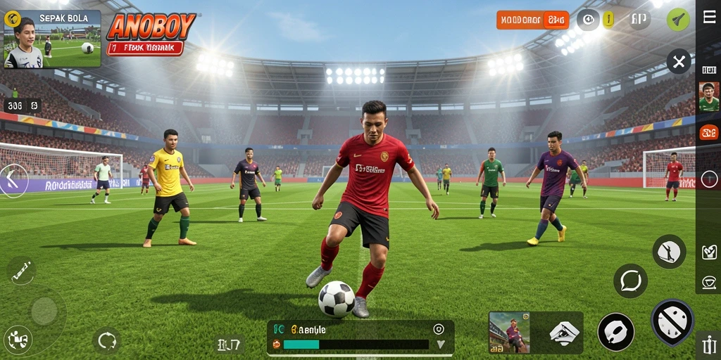Tampilan gameplay ANOBOY dengan aksi sepak bola seru.